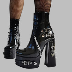 Platform Thick Heel Rivet Buckle Chain Ankle Boots