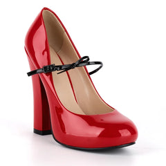 Side view of red patent leather Mary Jane chunky heel pumps.