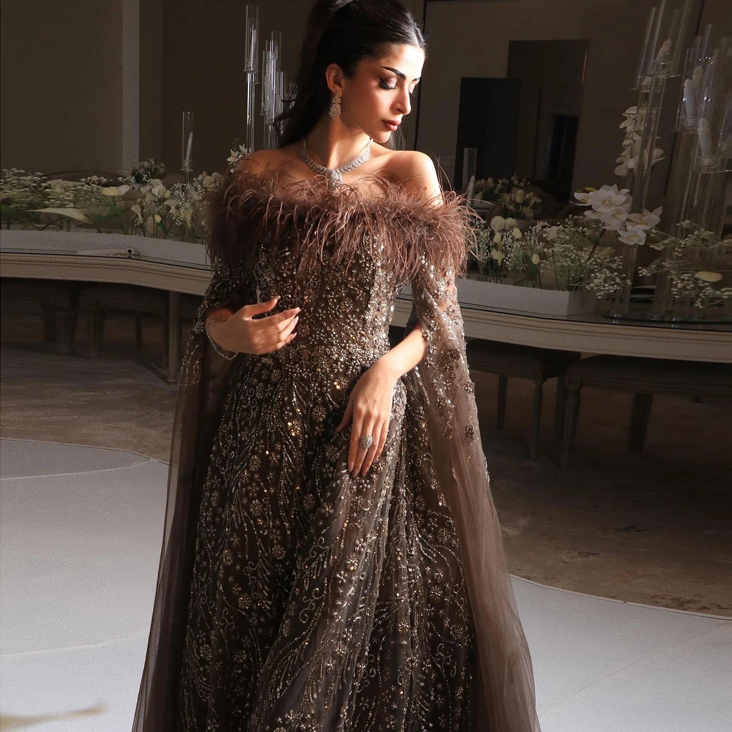 Brown Off-Shoulder Feathers Cape Sleeves Party Gowns