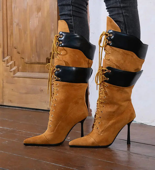Pointed toe lace-up mid-calf boots with stiletto heel