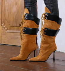 Pointed toe lace-up mid-calf boots with stiletto heel