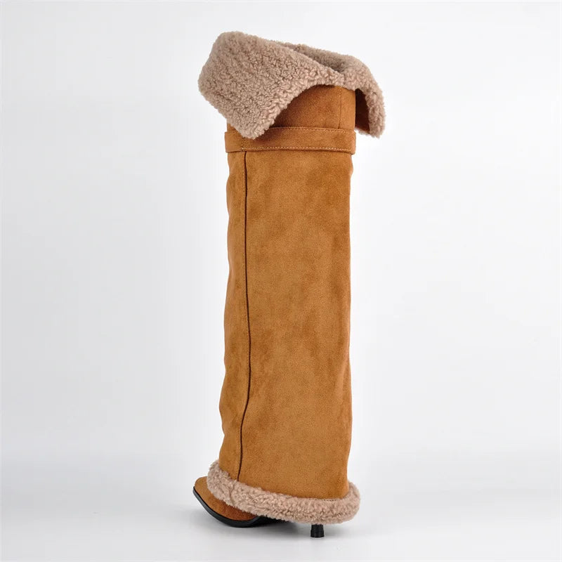Back view of brown pointed toe fold over boots