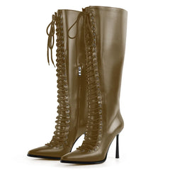 Lace Up Pointed Toe Knee High Boots