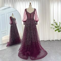 Rhinestones Purple Long Sleeves Evening Dress