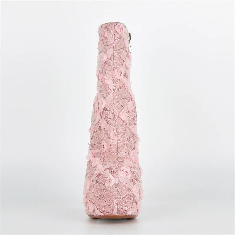 Pink lace-patterned bottle on a white background