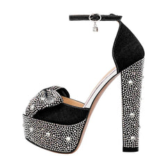 Black denim rhinestone peep toe platform sandals with a chunky heel and ankle strap