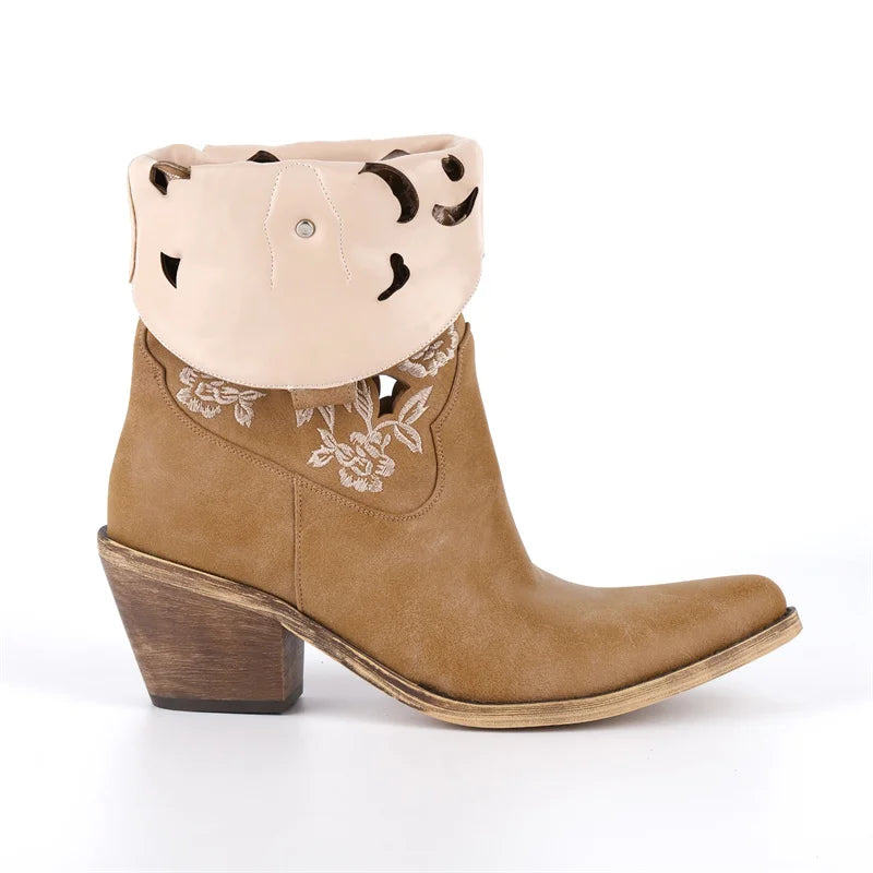 Tan faux suede embroidered cutout block heel boots with folded cuff