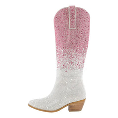 Pink and white cowboy boot with rhinestone detailing on a white background