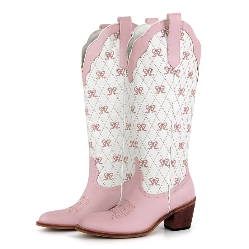 Pink bow quilted knee-high boots from side angle