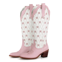 Pink cowboy boots with white pattern on a white background