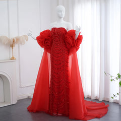 Beaded 3D Flower Wine Red Evening Dress with Cape