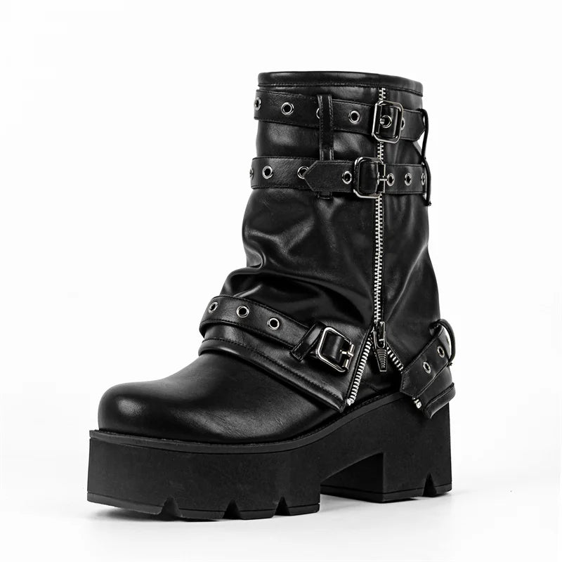 Black faux leather platform ankle boots with multiple buckle straps.