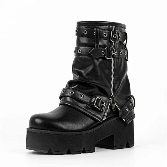 Black faux leather platform ankle boots with multiple buckle straps.