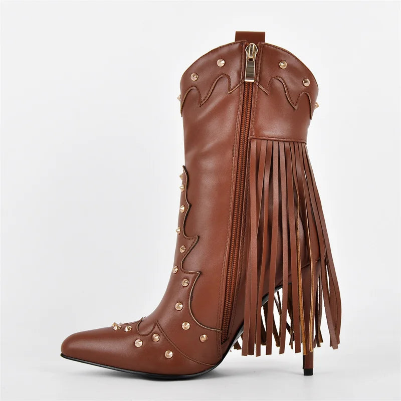 Side view of brown faux leather ankle boots with pointed toe, stiletto heel, fringe, and zipper.