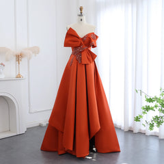 Orange Satin Off-Shoulder Short Front Long Back Gown