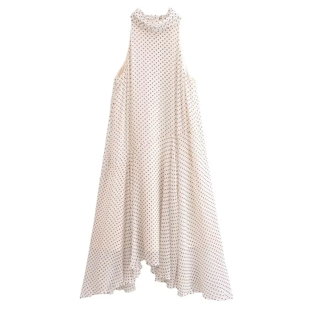 Long dress with a polka dot pattern on a white background