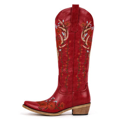 Red embroidered cowboy boot on a white background