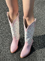 Pink Bow Quilted Knee High Cowgirl Boots