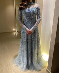 Blue Long Sleeves High Neck Formal Gowns