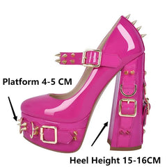 Chunky platform spiked mary jane heels with measurement indicators.