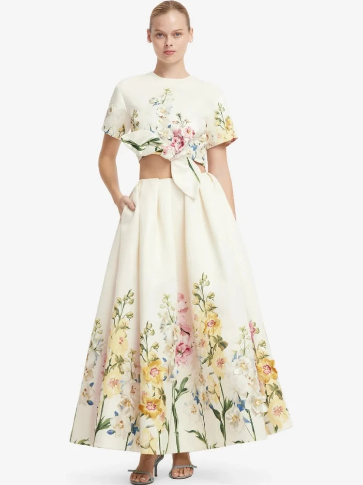 Floral print cropped short sleeve top and full A-line skirt back view
