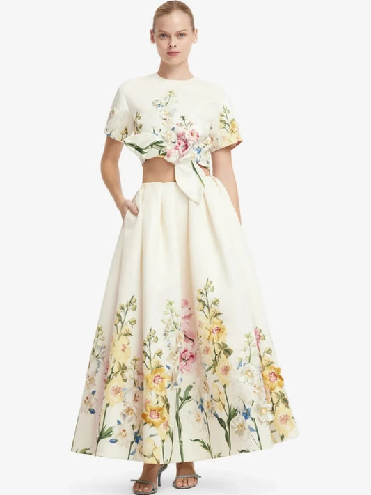 Floral print cropped short sleeve top and full A-line skirt back view