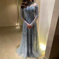 Blue Long Sleeves High Neck Formal Gowns