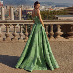 Beaded Green Spaghetti Strap Elegant Evening dress