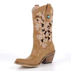 Front view of tan faux suede embroidered cutout block heel boots