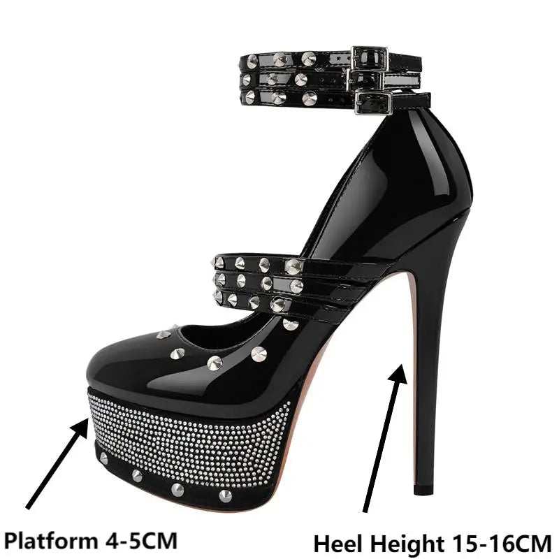 Studded platform stiletto heels with ankle strap detail and measurements