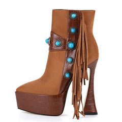 Fringed platform pointed toe ankle boots