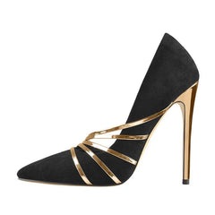 Side profile of black pointed toe stiletto heels with gold metallic heel