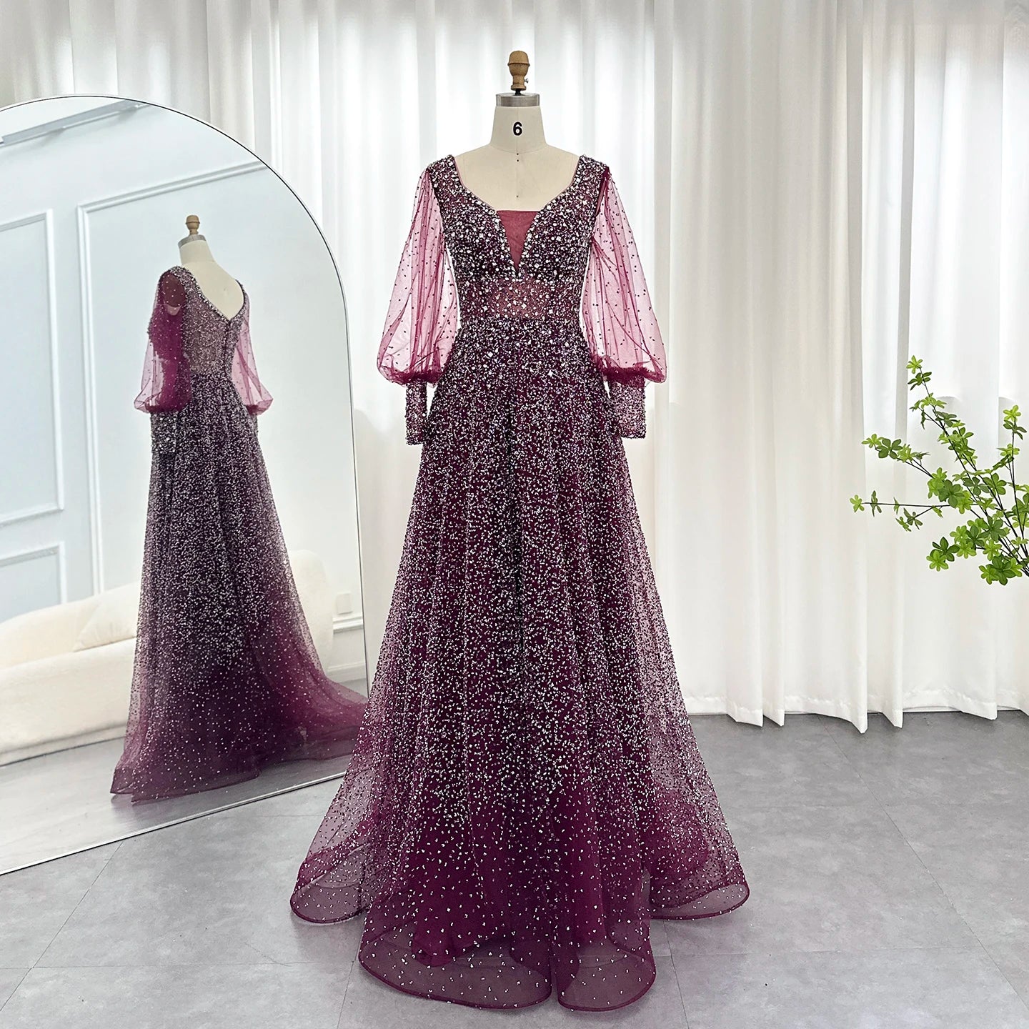 Rhinestones Purple Long Sleeves Evening Dress