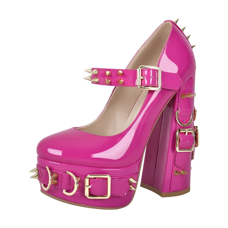 Chunky platform spiked mary jane heels, side view.