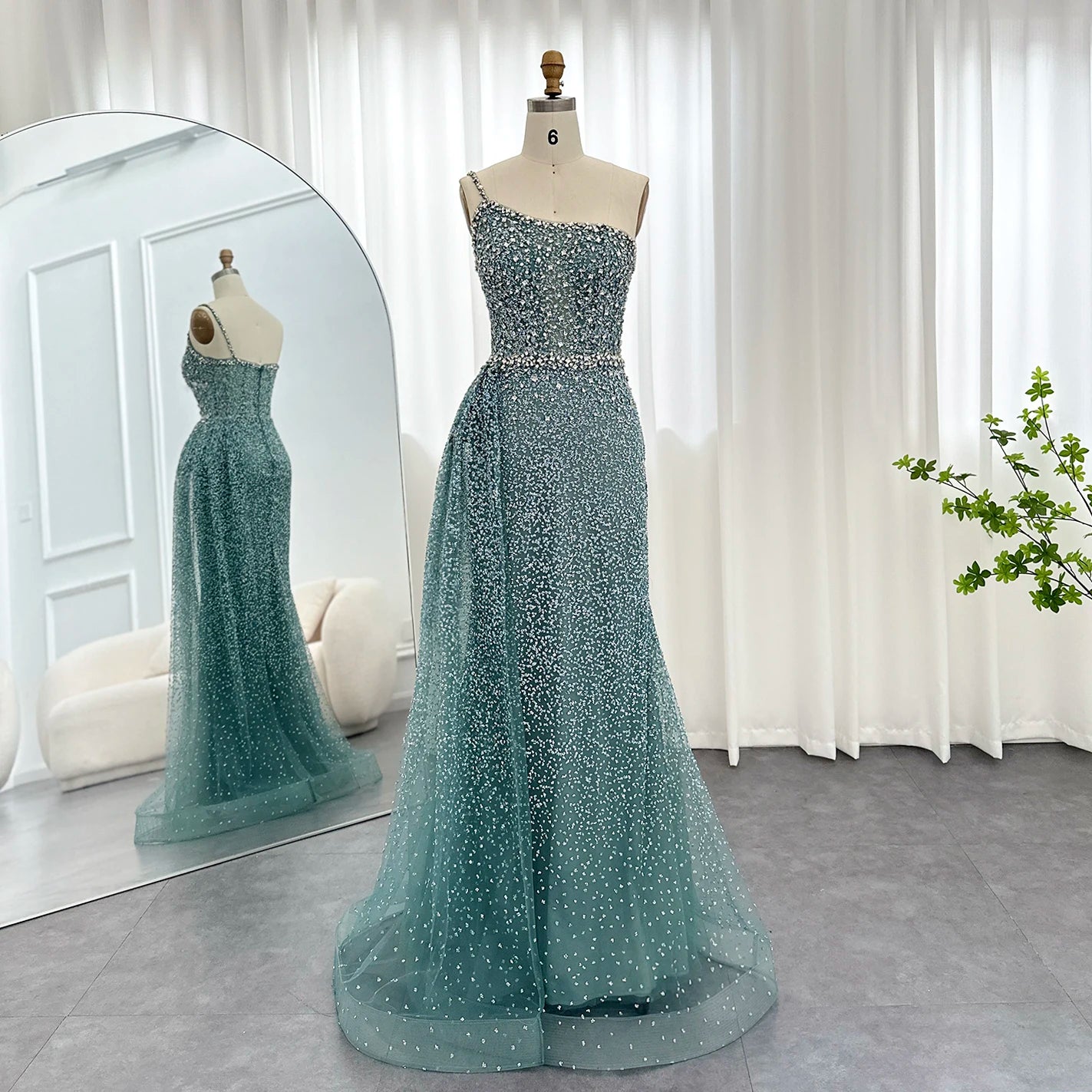 Crystal Turquoise One-Shoulder Mermaid Dress Overskirt