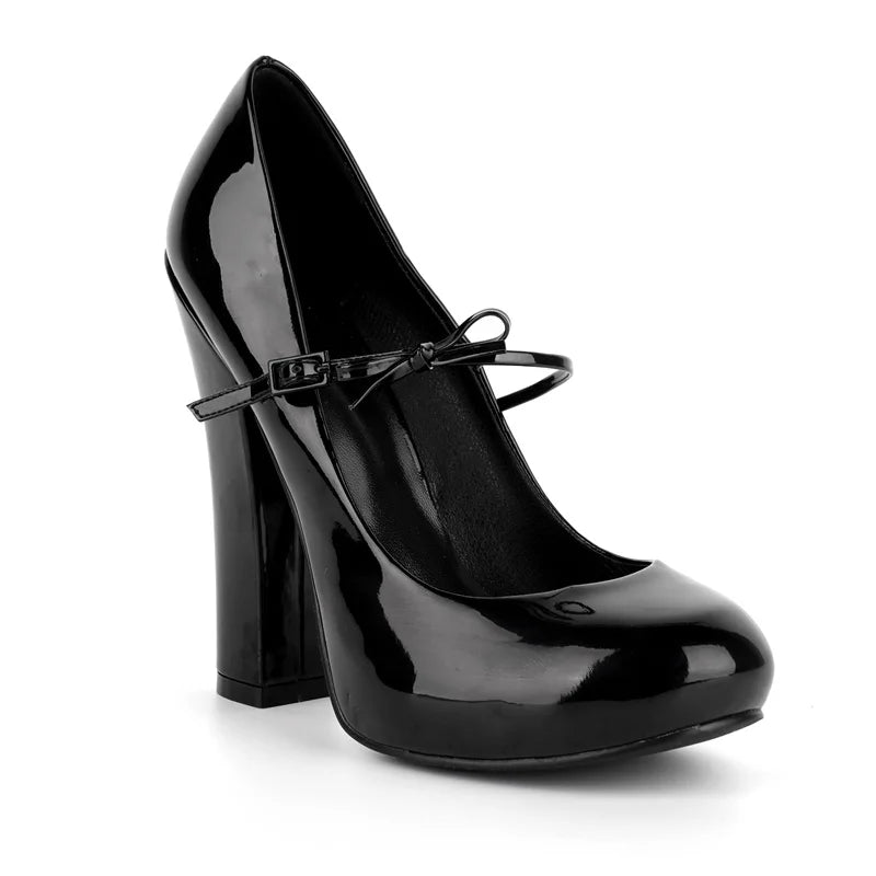 Black patent leather Mary Jane chunky heel pumps with a black bow detail and buckle.