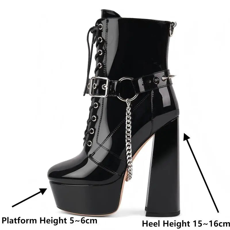 Side view of black patent leather platform lace-up chunky heel boots
