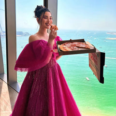 Fuchsia Ball Gown | Off-Shoulder Beaded Formal Dress