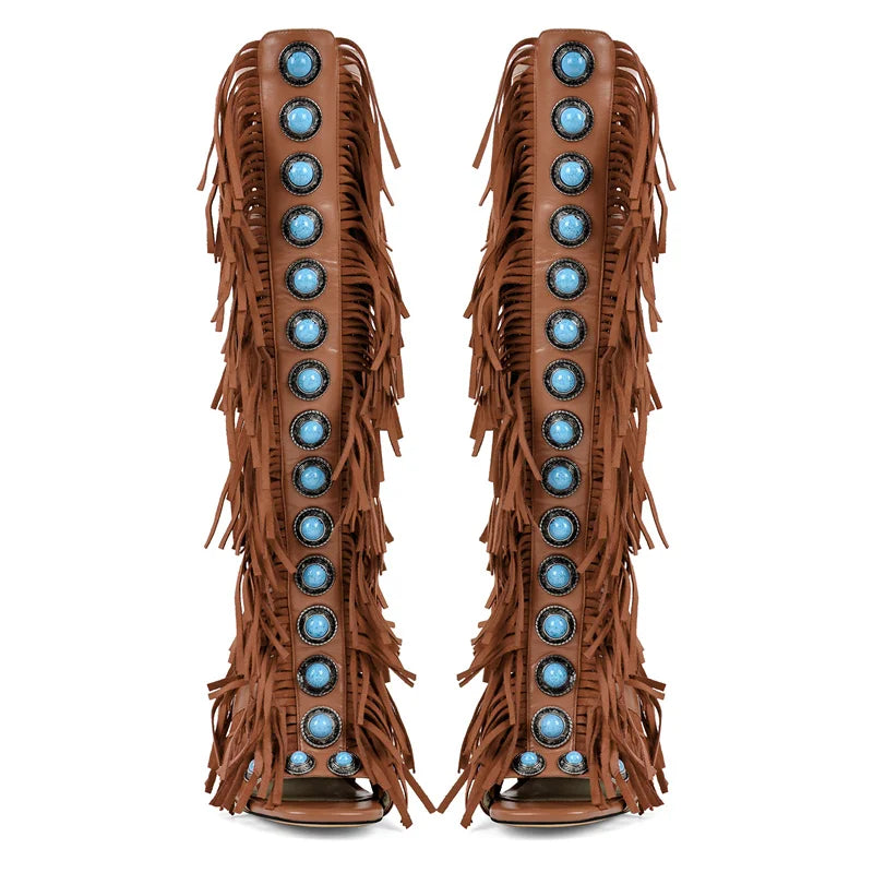 Fringed turquoise studded knee-high boots, peep toe, back zipper, stiletto heel