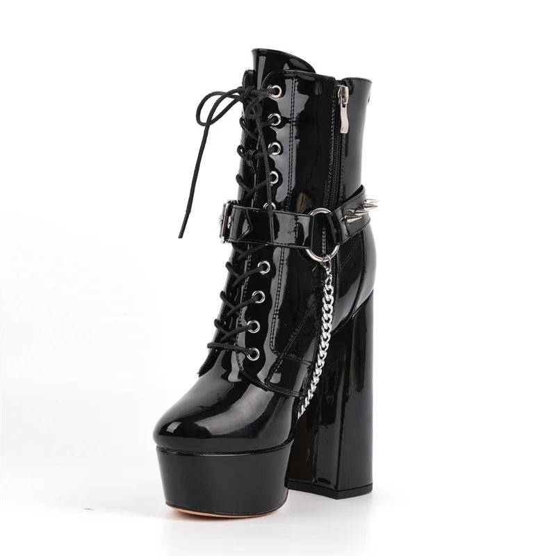 Black patent leather platform lace-up chunky heel boots with zipper detail