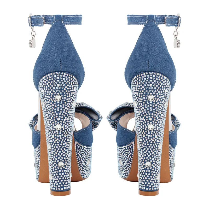 Back view of denim rhinestone peep toe platform sandals with a chunky heel and ankle strap