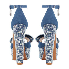 Back view of denim rhinestone peep toe platform sandals with a chunky heel and ankle strap