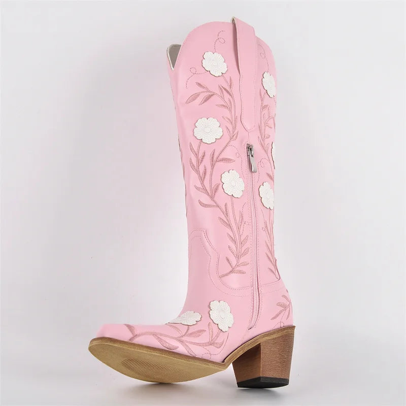 Pink floral embroidered chunky heel Western boots