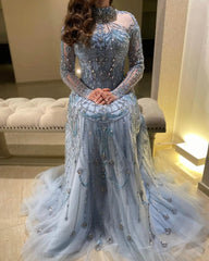 Blue Long Sleeves High Neck Formal Gowns