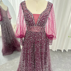 Rhinestones Purple Long Sleeves Evening Dress