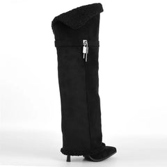 Faux Suede Lock Pull On Knee High Boots