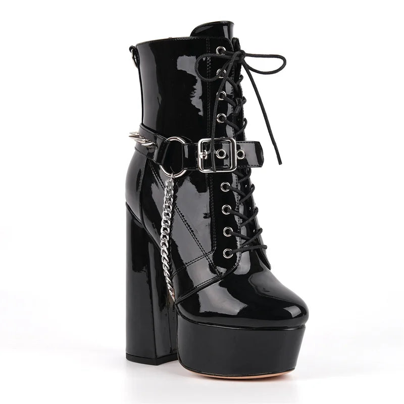 Black patent leather platform lace-up chunky heel boots with metal chain detail