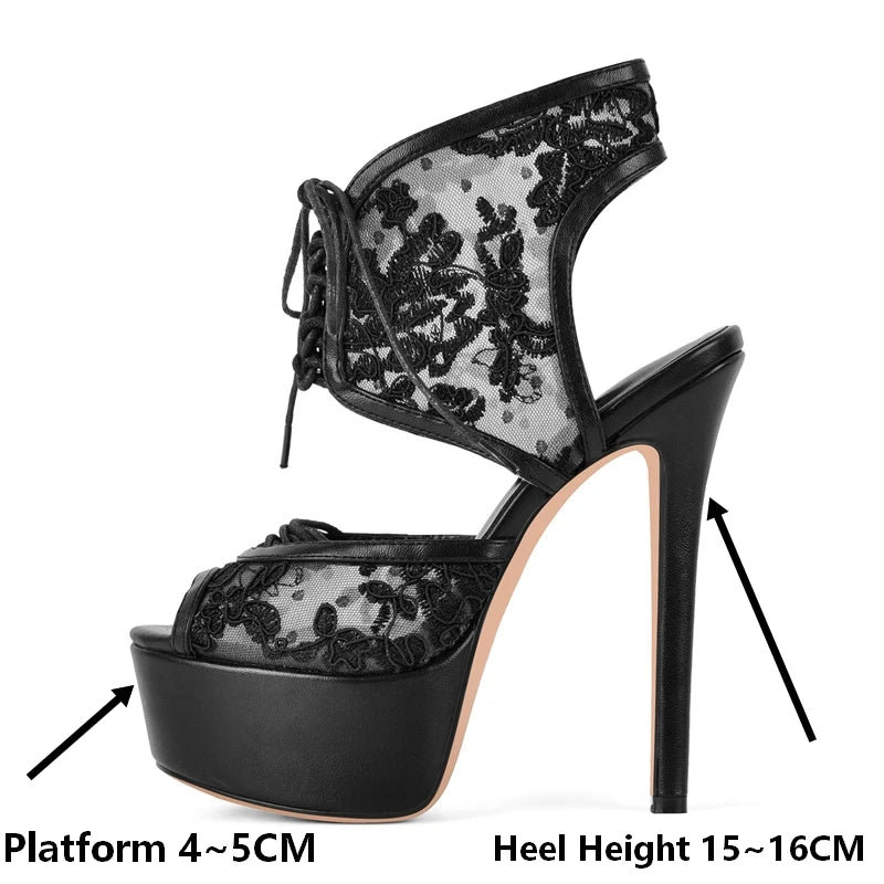 Black high-heeled shoe with platform and detailed design, labeled for platform and heel height.