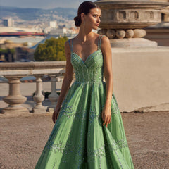 Beaded Green Spaghetti Strap Elegant Evening dress