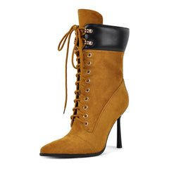 Pointed Toe Lace Up Mid Calf Boots